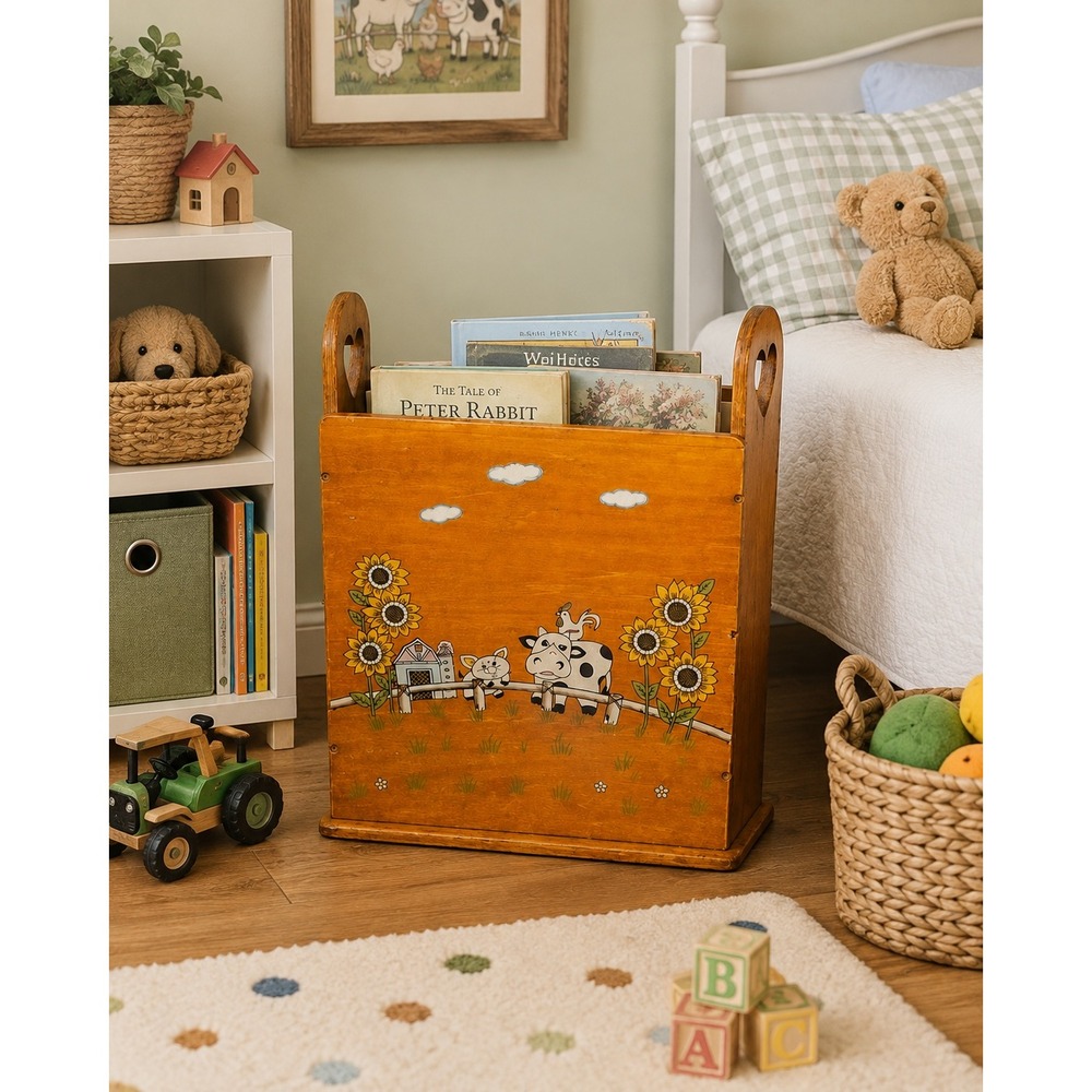 Vintage Wood Kids Book Rack Hand Painted Cow Cat Sunflowers Heart Farmhouse